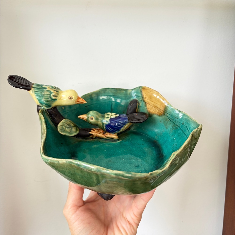 Vintage Artisan Ceramic Bird Bowl Teal Green Crackle Glaze Hand Painted Decor - Picture 7 of 12